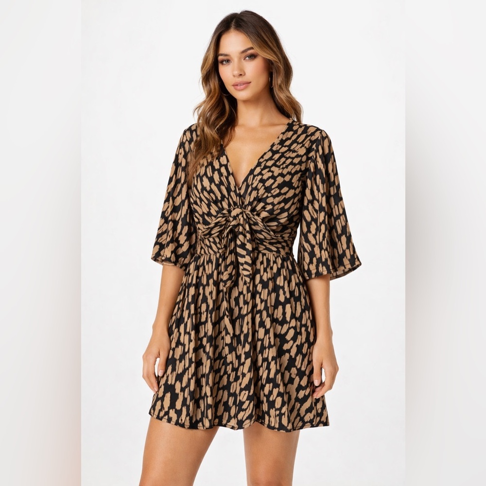 Black Tan Abstract Print Flowy Tie Waist Dress Mini Dress-XL